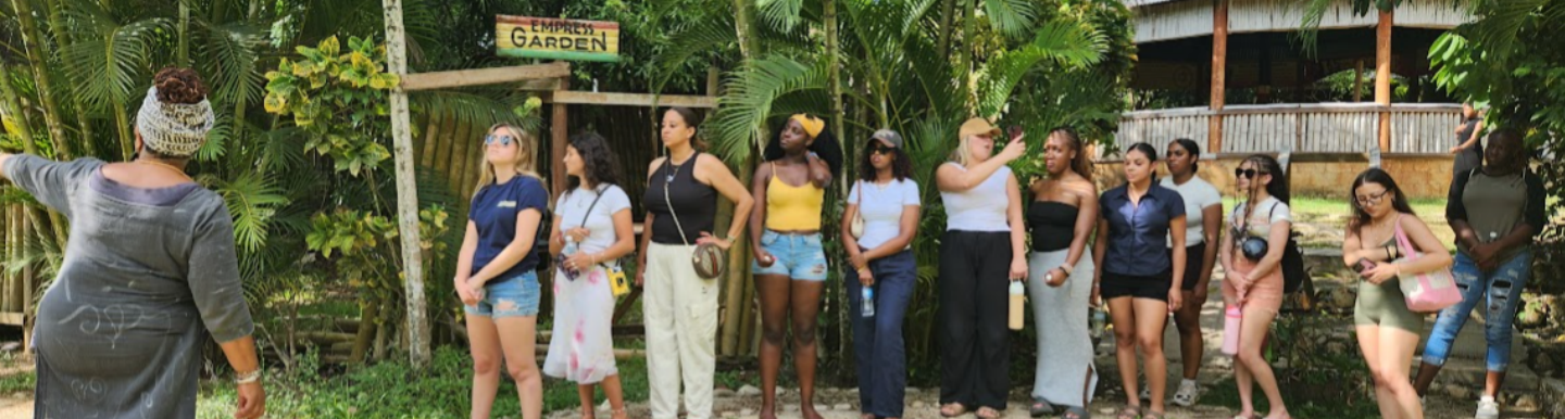 A group listening to a guide in a garden setting, from the Project RIV portfolio
